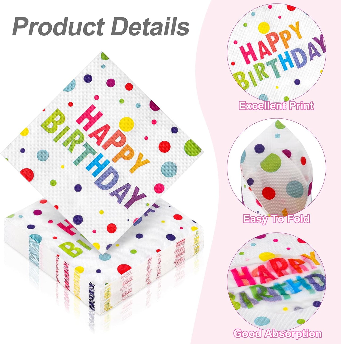 Aodaer 48 Pieces Happy Birthday Paper Napkins Disposable Rainbow Napkins Colorful Cocktail Dinner Napkin Set 13" x 13" Unfolded Tableware Napkin for Rainbow Party Supplies Birthday Party Decoration