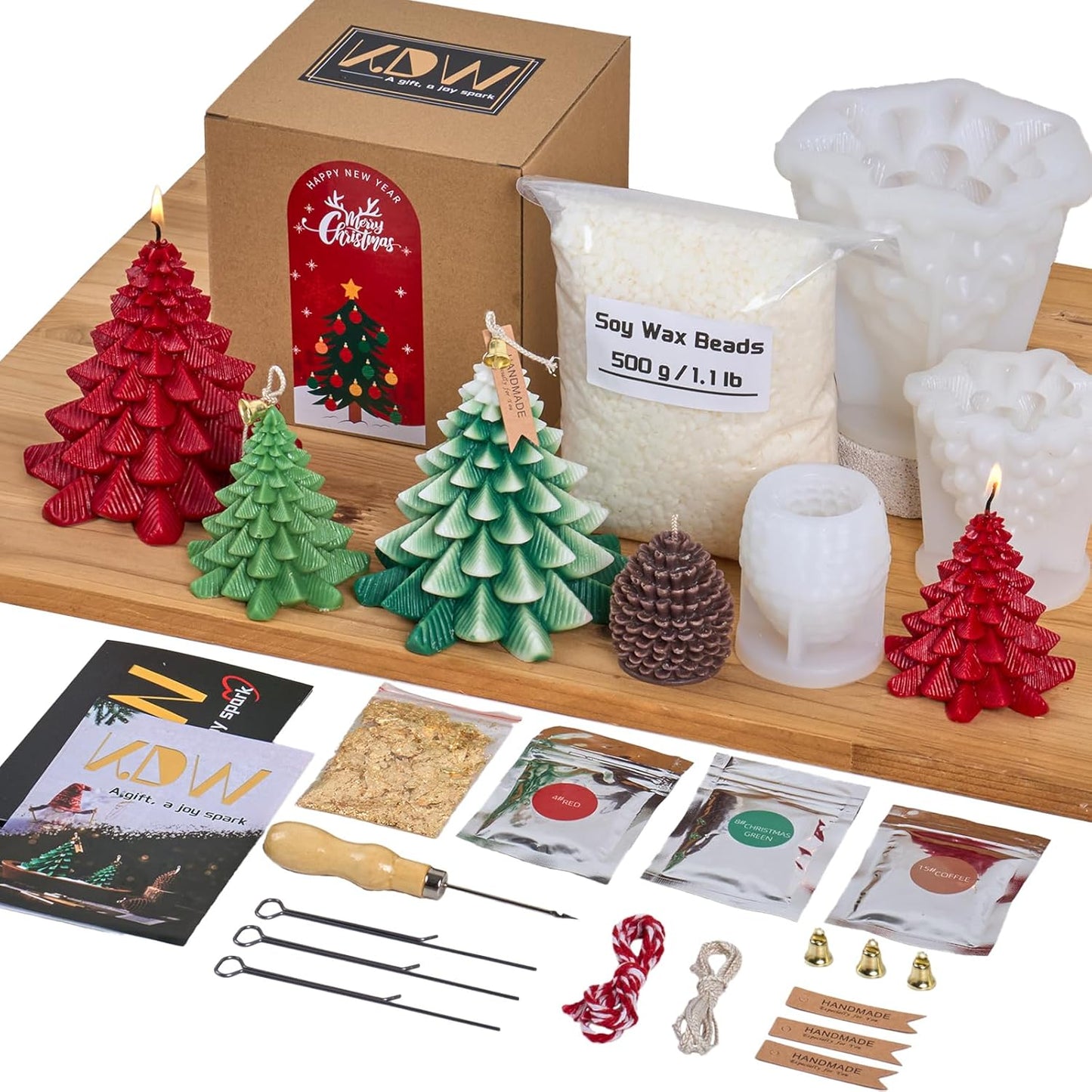KDW Soy Wax Beads for Candle Making Christmas Tree Silicone Mold Large+Small 3D Candle Molds and Pine Cone Silicone Mould Accessories Set Christmas Gift for Friends and Family