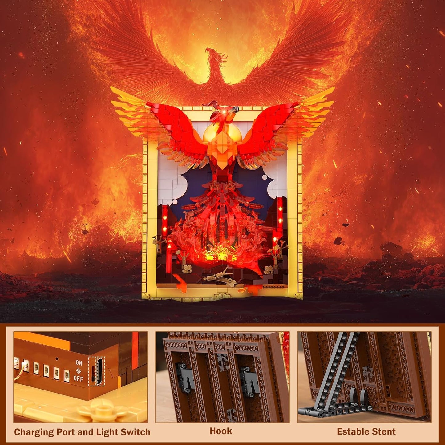 JMBricklayer Phoenix Nirvana Building Block Sets for Adults with LED Lights, Wall Art Crafts Painting Frame Building Set Magic Fire Phoenix Collection Model Bird Toy Gift Room Home Office Decor