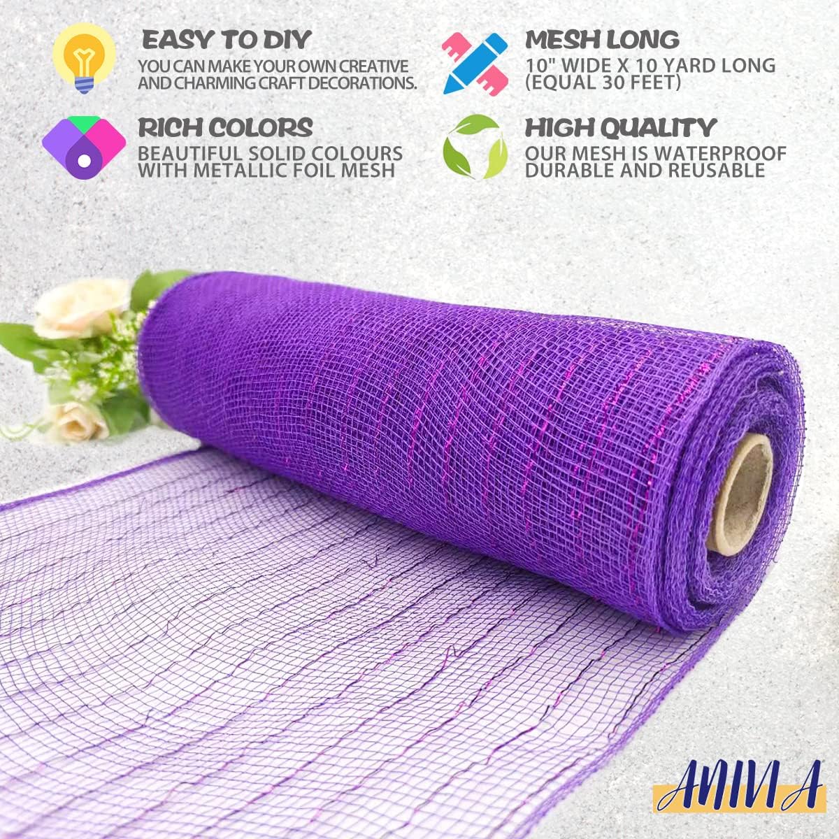 Anivia Deco Mesh Ribbon, 10inch x 30 Feet Each Roll Metallic Foil Mesh Ribbon for Wreaths Swags, Holloween, and Christmas Tree Decoration (Purple/Purple Foil)