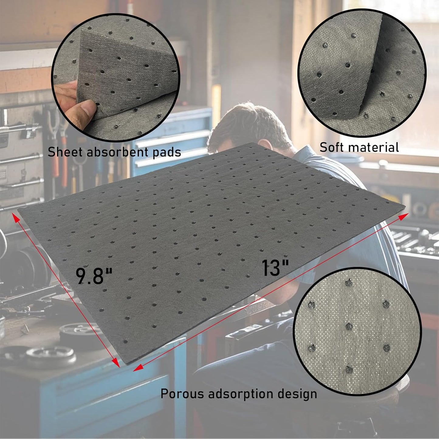 Oil Absorbent Pads | 13"x9.8" Garage Mats | Drip & Spill Universal Pads for Automotive - Absorbing Oil, Liquids, Antifreeze, Brake Fluid, Grease, Coolant | Concrete & Metal Protection,10-Pack