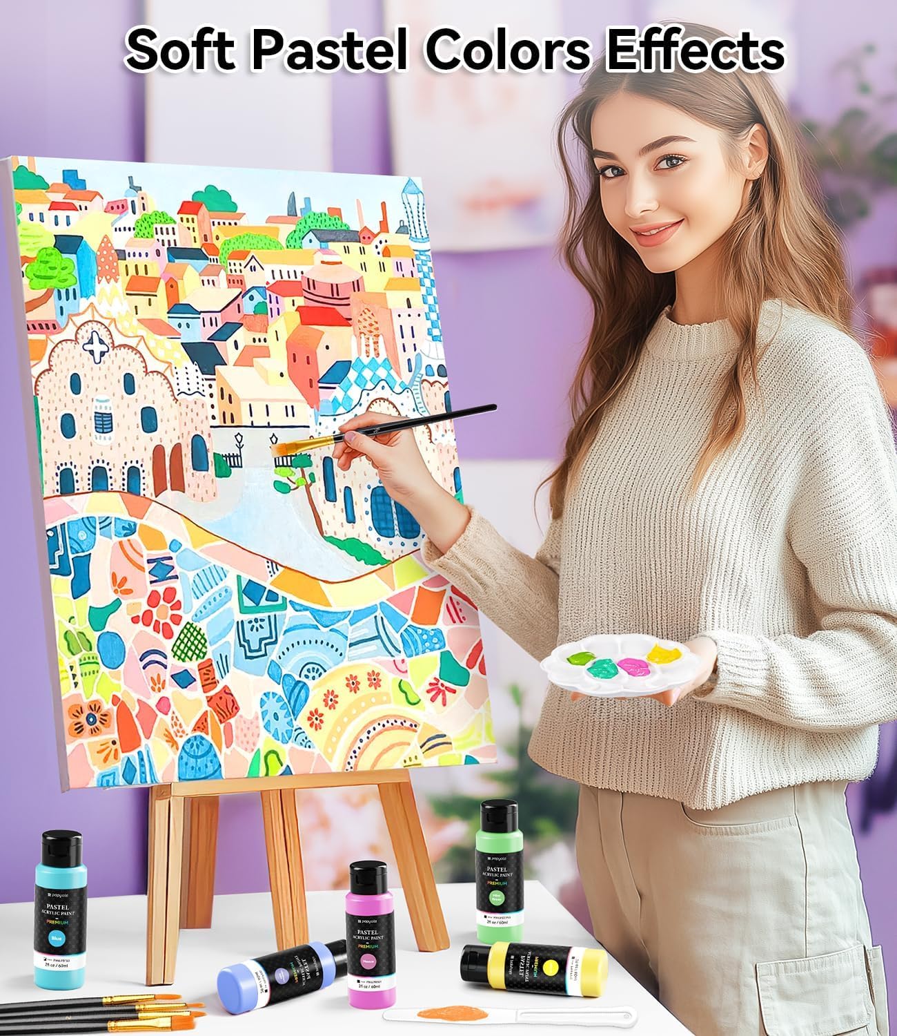 52 PCS Pastel Acrylic Paint Set with 12 Brushes, 2 Knives & Palette, 36 Colors (2oz/60ml) Art Craft Paint for Adults Kids Artists Beginners, Halloween Pumpkin Canvas Ceramic Rock Painting Kit