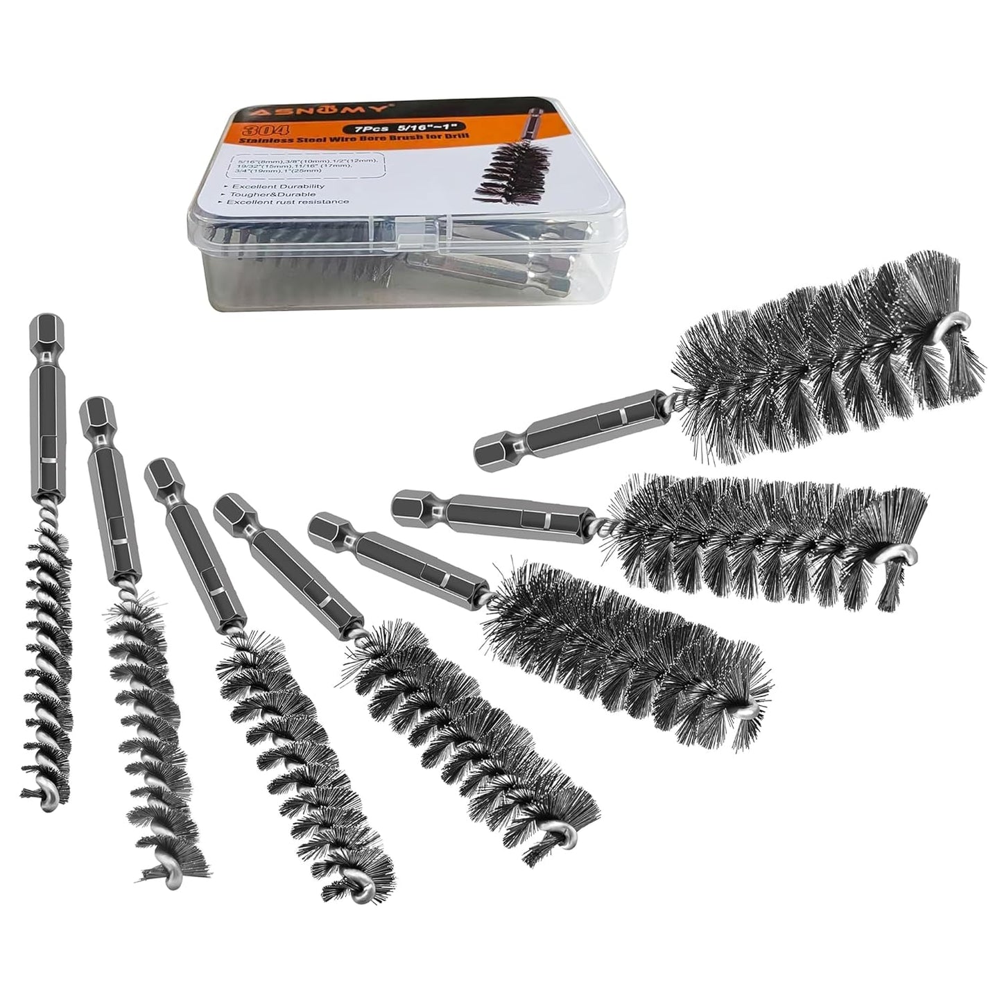 ASNOMY 7Pcs Wire Bore Brush for Drill,5/16"-1” Stainless Steel Copper Pipe Cleaner Set for Power Drill Cleaning,Abrasive Drill Wire Brush with 1/4" Hex Shank