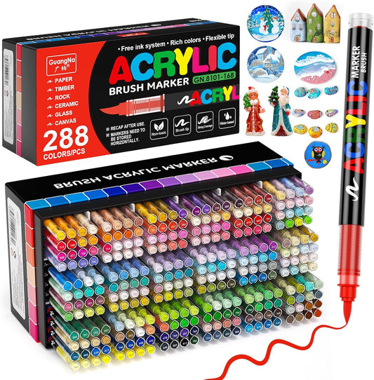 288 Colors Acrylic Paint Markers Soft Brush Tip, Water-Based Paint Pens with Automatic Ink Control System, Odorless, Waterproof, Quick-Dry, Lightfast, for Rock Painting, Canvas, Wood, Egg & DIY Crafts