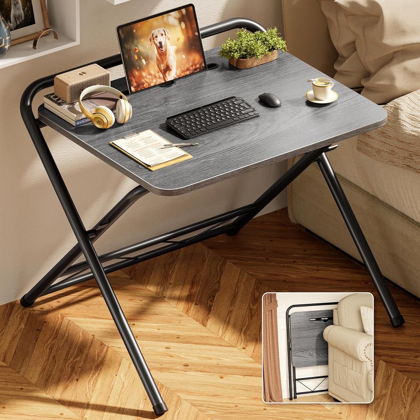 Huuger Folding Desk with 3-Level Adjustable Height and Tablet Slot, 24 Inch Foldable Computer Desk for Small Spaces, Space Saving, Writing Work Table for Home Office, Bedroom, Study, Grey