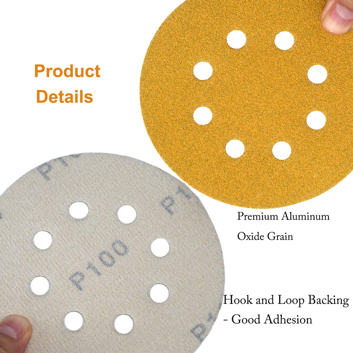 5-Inch 8-Hole Hook and Loop Sanding Discs 100-Grit Random Orbit Sandpaper, 50-Pack