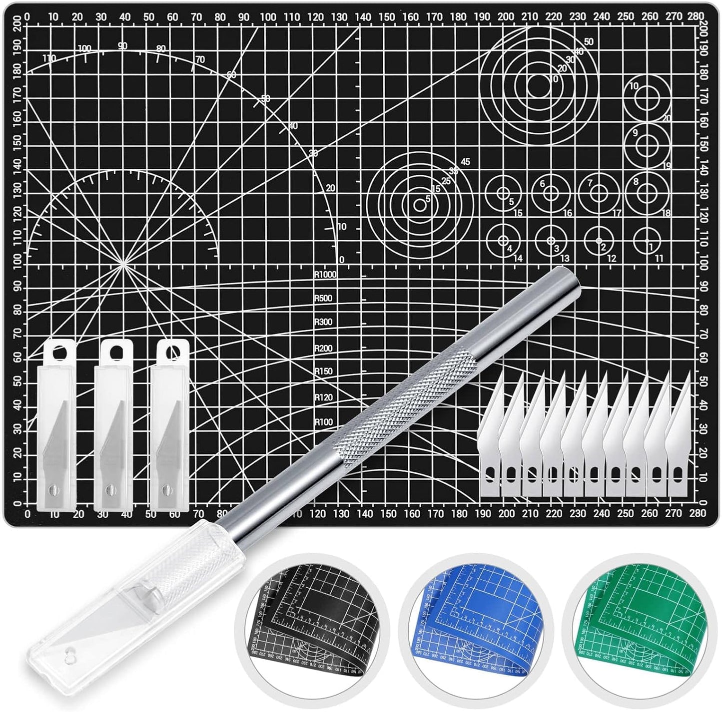 Anezus Exacto Knife with Hobby Mat for Crafts, Self Healing Cutting Mat Hobby Knife with 30 PCS Exacto Blades Precision Knife for Art and Crafts Paper Scrapbooking Stencil (Black)