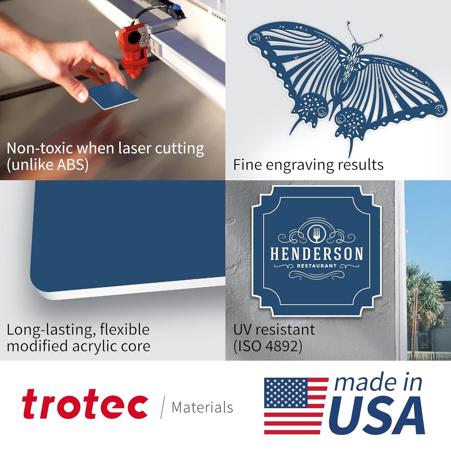 Trotec TroLase | 12"x12"x1/16", 8 Pcs | Blue/White | 2 Ply | Modified Acrylic | Laser Engraving Double Color Plastic Sheet | Engraving Blanks for Laser, Saw, Guillotine | Made in USA