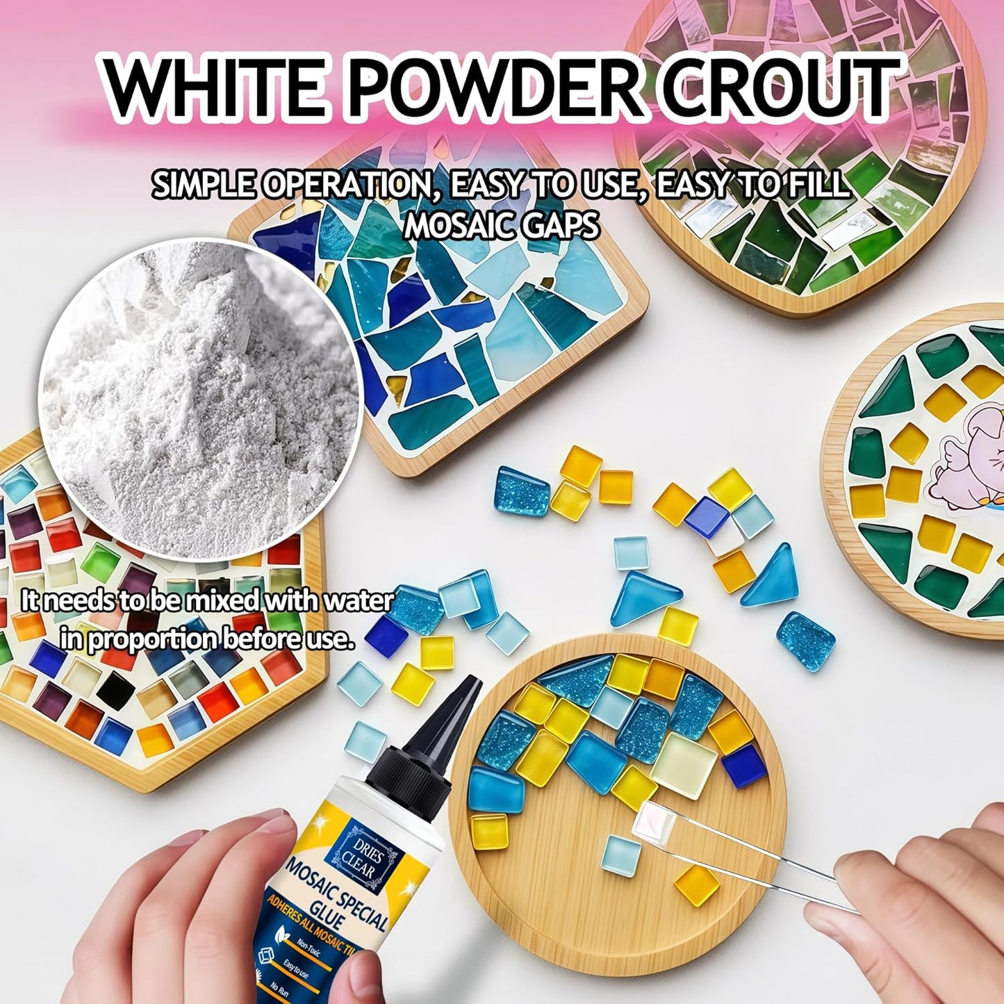 Mosaic Grout, with Tile Tools, Mosaics Tile Accessories – Essential for Handmade Grouting and Perfect for DIY Craft Projects (White, Mosaic Tool Kit)