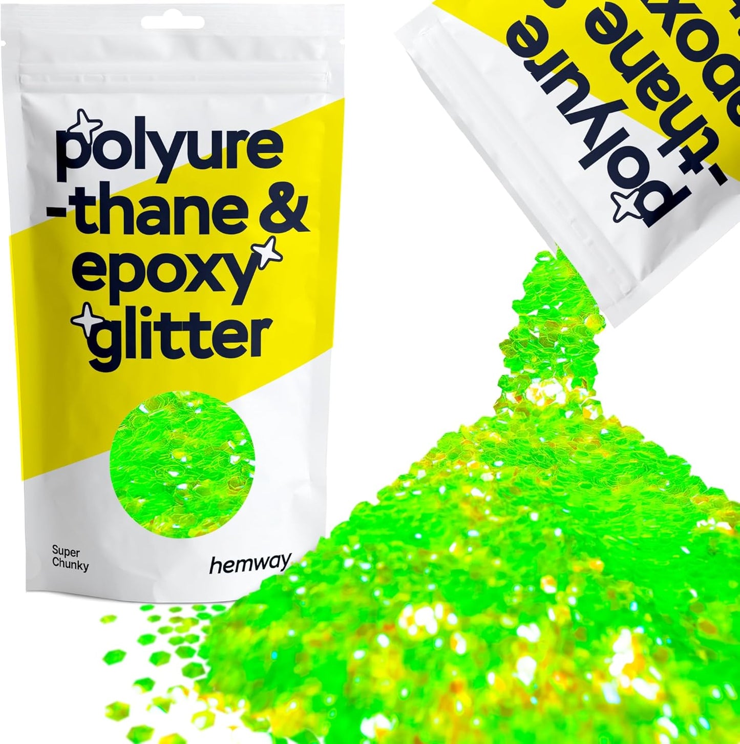 Hemway Polyurethane & Epoxy Resin Glitter 100g / 3.5oz Metallic Crystal Flake Additive for Flooring Jewelry Tumblers Glass Pigment - Super Chunky (1/8" 0.125" 3mm) - Fluorescent Green