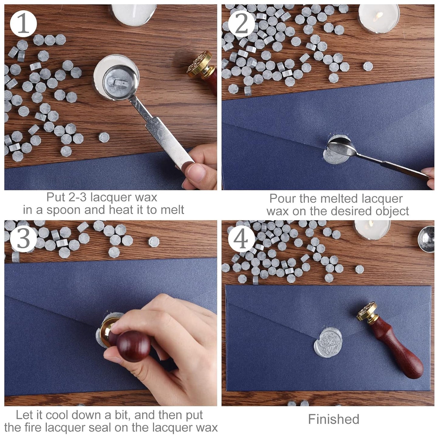 500 Pcs Silver Wax Seal Beads Octagon Sealing Wax Beads with 4 Pcs Tea Candles and 1 Pcs Wax Melting Spoon for Crafts Letter Wine Greeting Cards Sealing