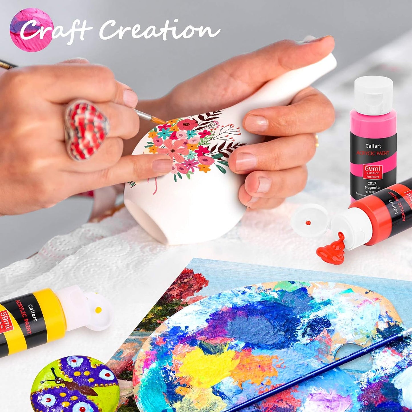 Caliart Acrylic Paint Set, 52 Colors (2oz/Bottle) with 4 Brushes, Art Craft Paints for Adults Artists Beginners Painters, Canvas Halloween Pumpkin Ceramic Wood Fabric Rock Painting Supplies Kit
