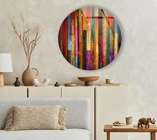 My Photostation.com 39,4''(100cm) Diameter Colorful Wood Pattern Round Glass Wall Art Tempered Glass Printing Wall Decor Large Wall Art Wall Hangings