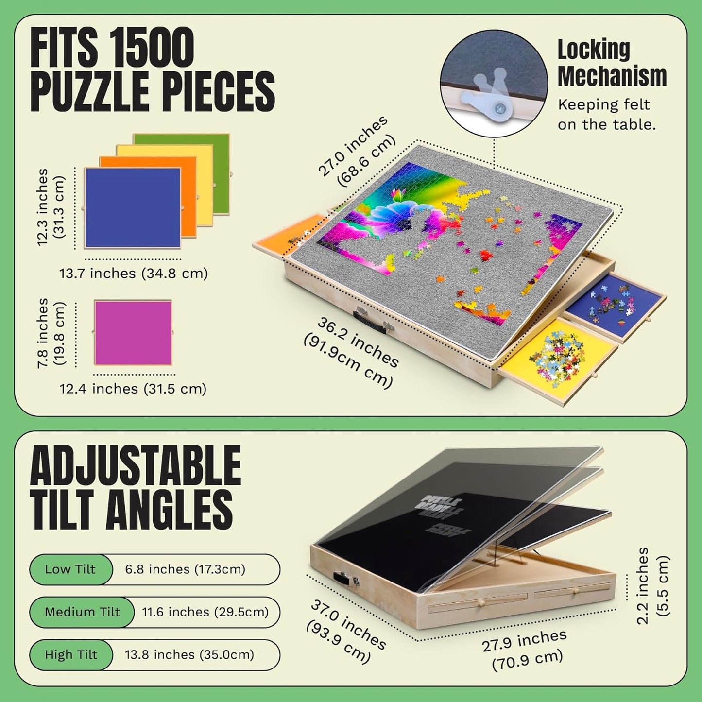 Puzzle Ready Wood Jigsaw Puzzle Board - 1500pc, 36x27in, 3 Angles - Color-Coded Trays & Drawers Organizer & Storage - Ergonomic Tilt Surface - Portable Puzzle Table with Drawers