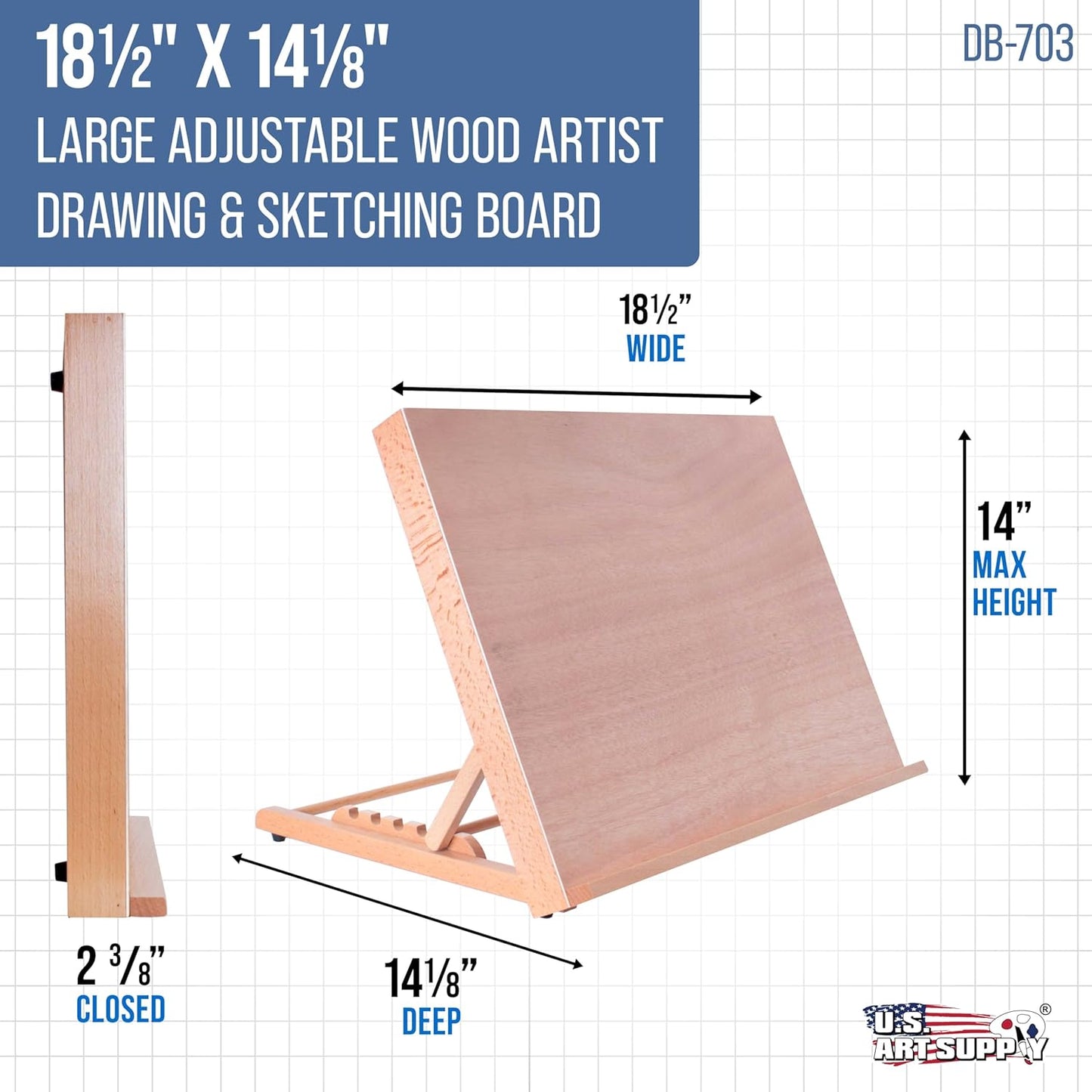 U.S. Art Supply Large 18-1/2" x 14-1/8" (A3) Adjustable Wood Art Drawing Board - 6 Angles, Beechwood Construction, Pencil Ledge - Perfect for Designing, Drafting, Sketching & Architecture Work