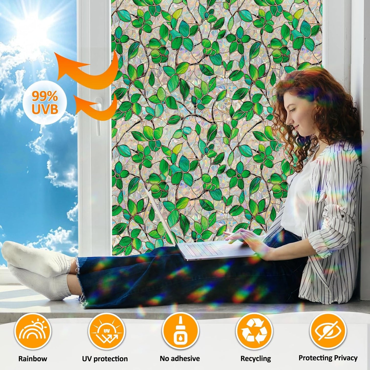 Window Privacy Film Stain Glass Window Film Rainbow Window Film Window clings Non-Adhesive Reusable Decorative for Room (Greenery Leaf, 35.4 x 157.4 in)