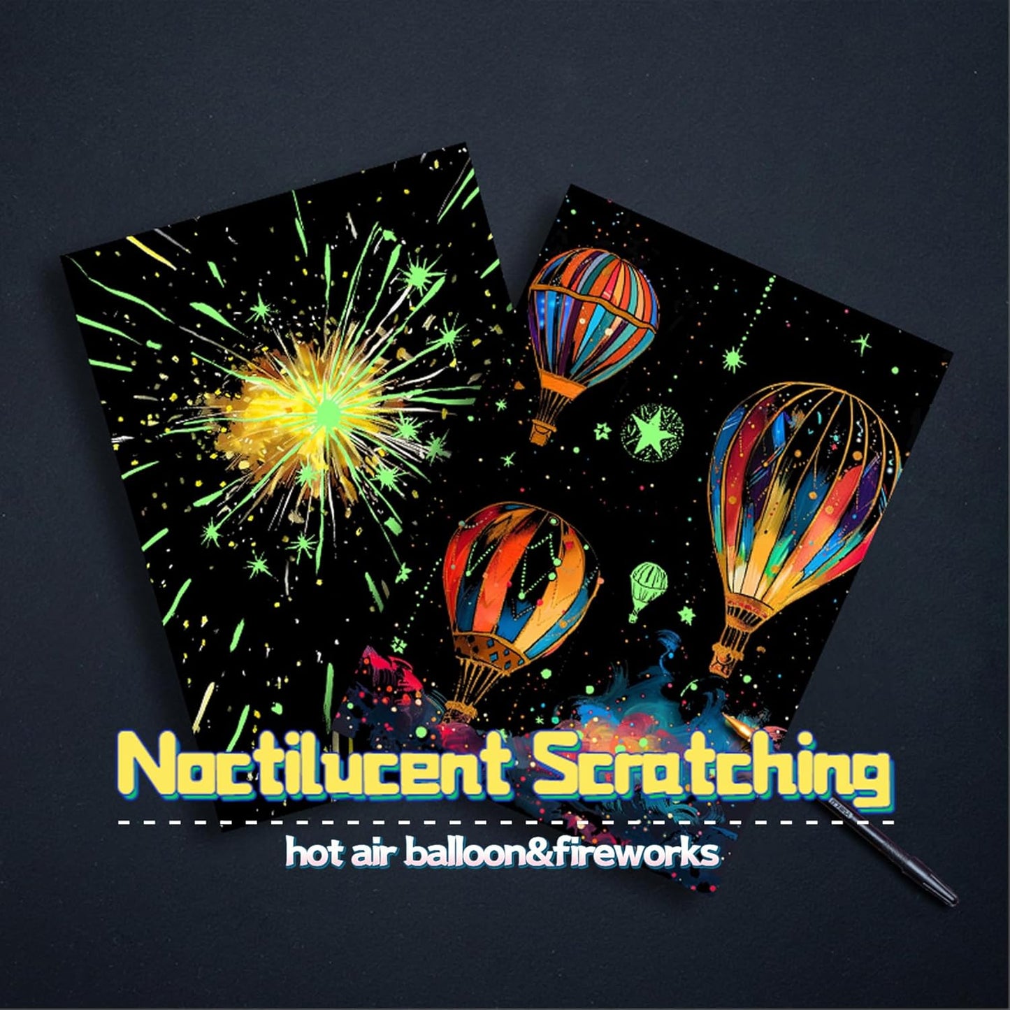 Scratch Paper Art for Adults-Glow in The Dark Scratch Painting Craft Kit (8 Sheets A4)|DIY Foil Engraving Art Set|Stress Relief Gift for Travel Lovers,Craft Lovers,Home Decors (Fireworks)