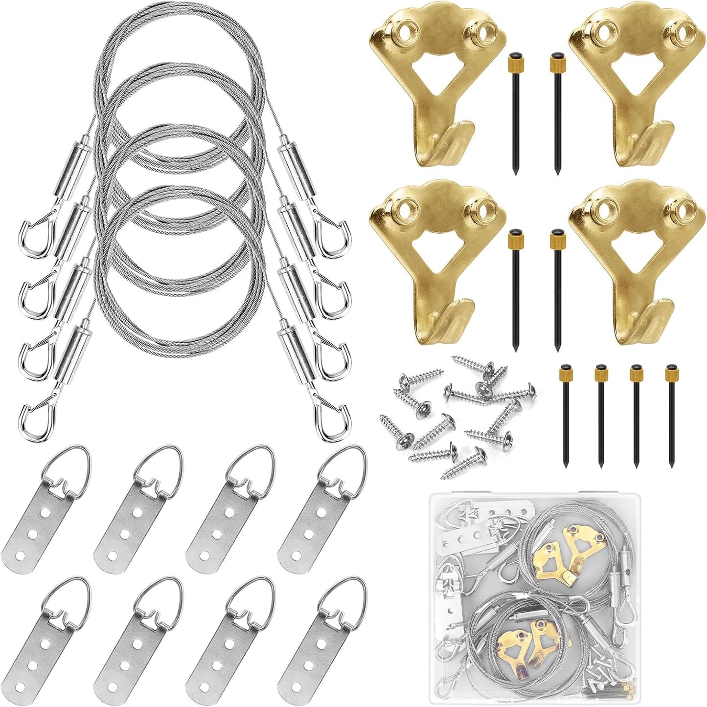 4 Pack Picture Hanging Wire Kit, Heavy Duty Picture Hanging Kit for Frames & Mirrors up to 50lbs, Includes Adjustable 2m Steel Wires, D Rings & Screws, Wall Hanging Kit for Home & Office Décor
