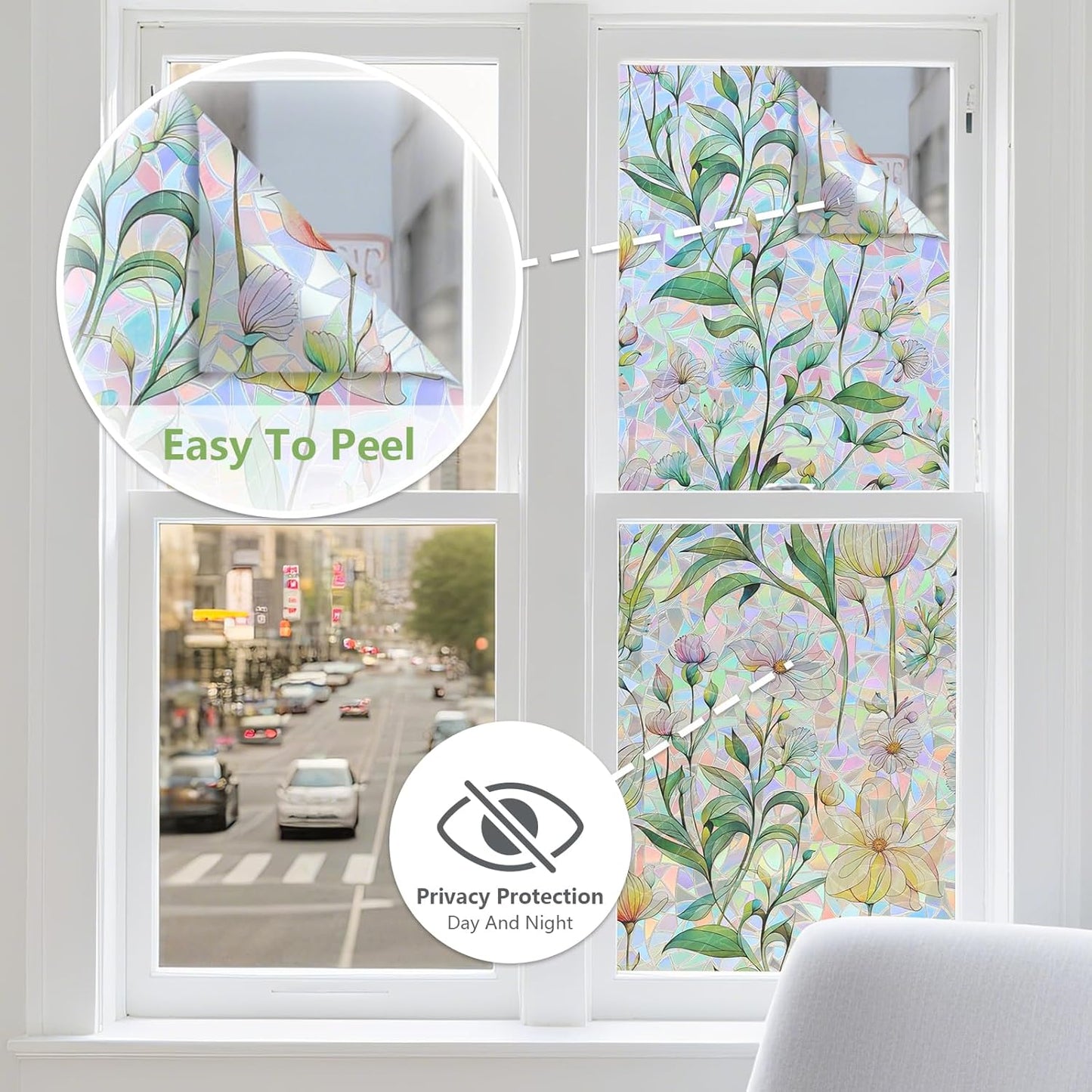 FINNEZ Window Privacy Film Stain Glass Film Flowers Rainbow Window Film Window Clings Non-Adhesive Reusable Decorative for Home（Forest Rainbow，17.5 Inch x 6.5 Feet）