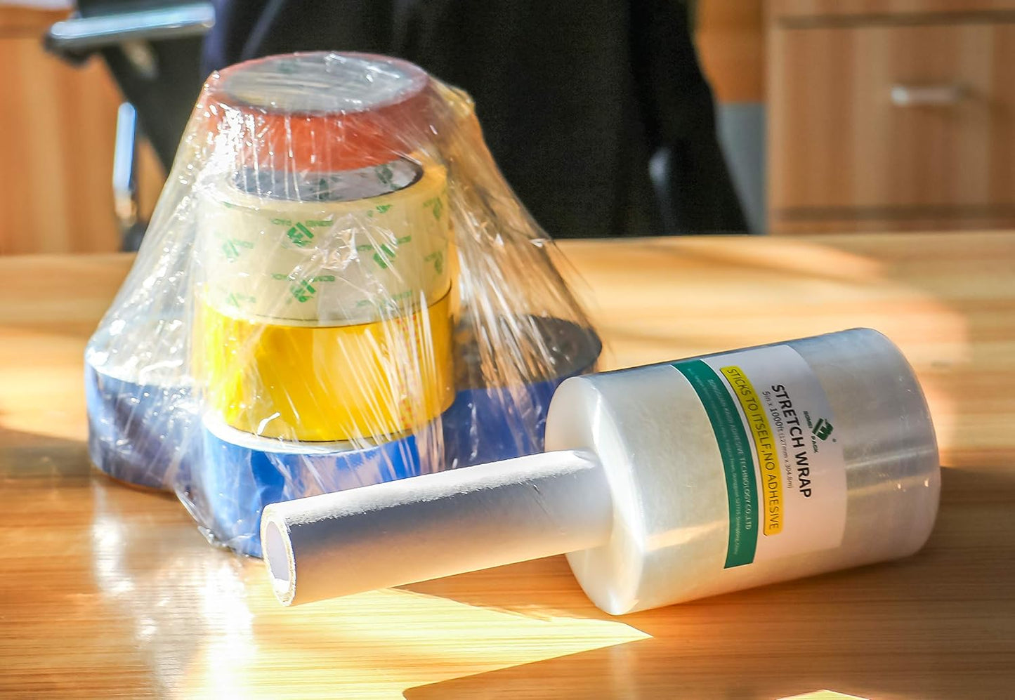 BOMEI PACK Industrial Mini Clear Stretch Wrap with Handle 5" 1000ft 80 Gauge for Pallet Wrap, Durable Self-Adhering Plastic Wrap for Packing, Moving, Heavy Duty (4)