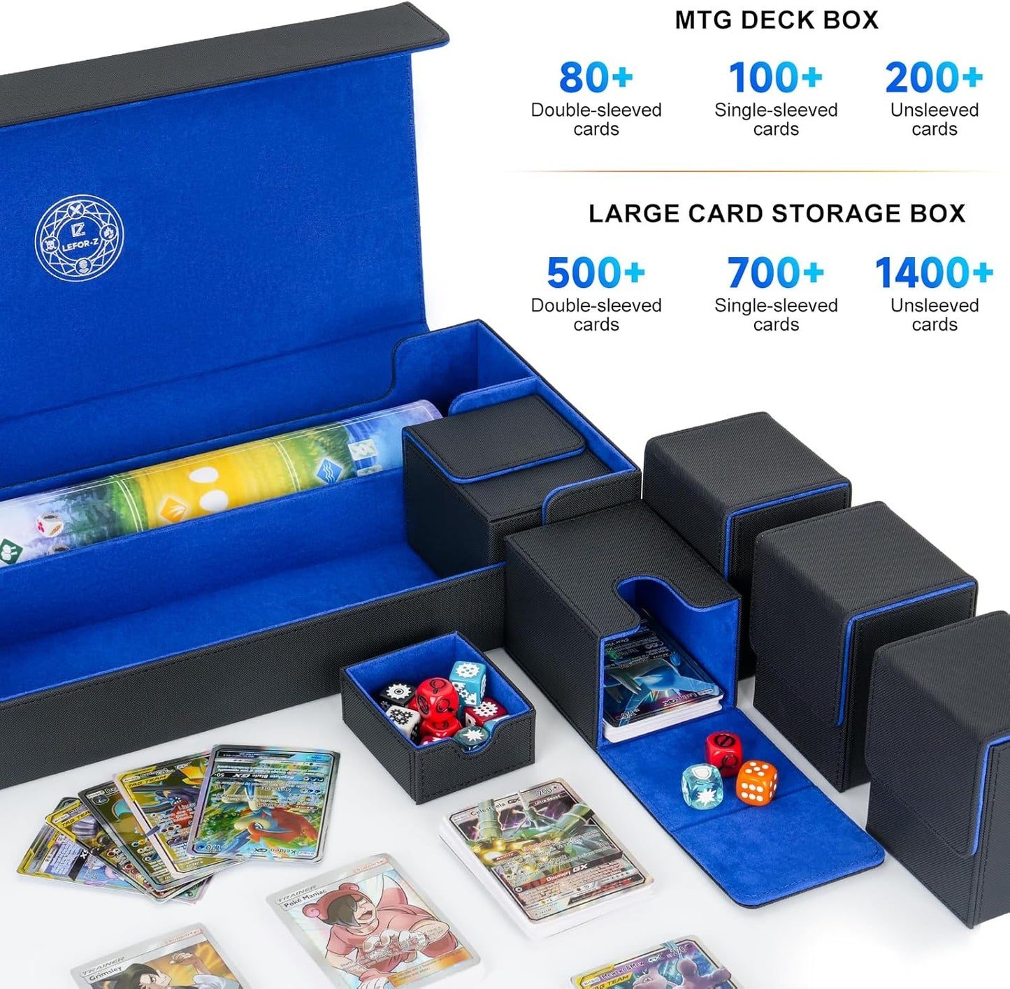 6 in1 Card Deck Box Set,X-Large Premium Trading Card Storage Case with 5 Small Box,Magnetic Game Deck Display Case Compatible with MTG/TCG/Yugioh/Magic/Commander(Black＆Blue)