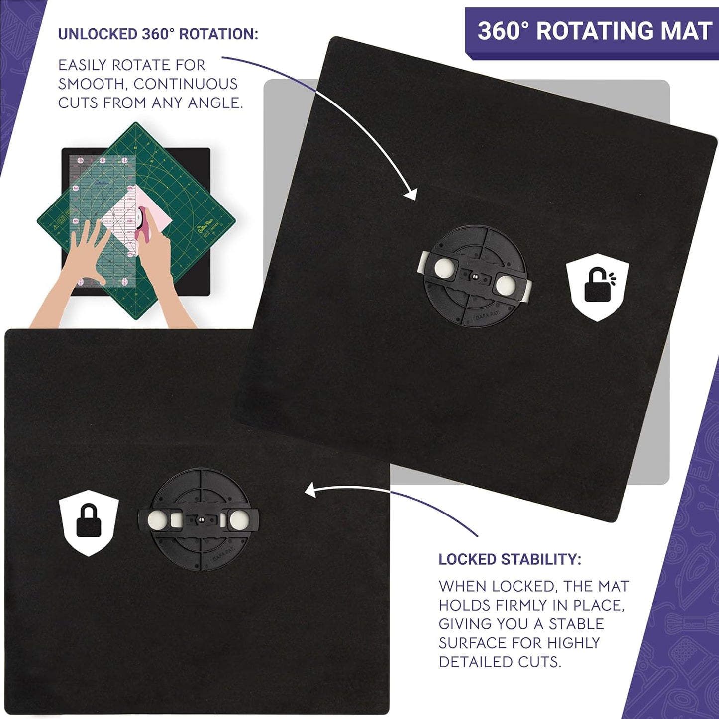 The Quilted Bear Rotating Cutting Mat 18" x 18" - Locking & Rotating Self Healing Cutting Board for Sewing, Fabric & Effortless Quilting - 360 Degree Sewing Supplies Mat for Craft Table (Blue)