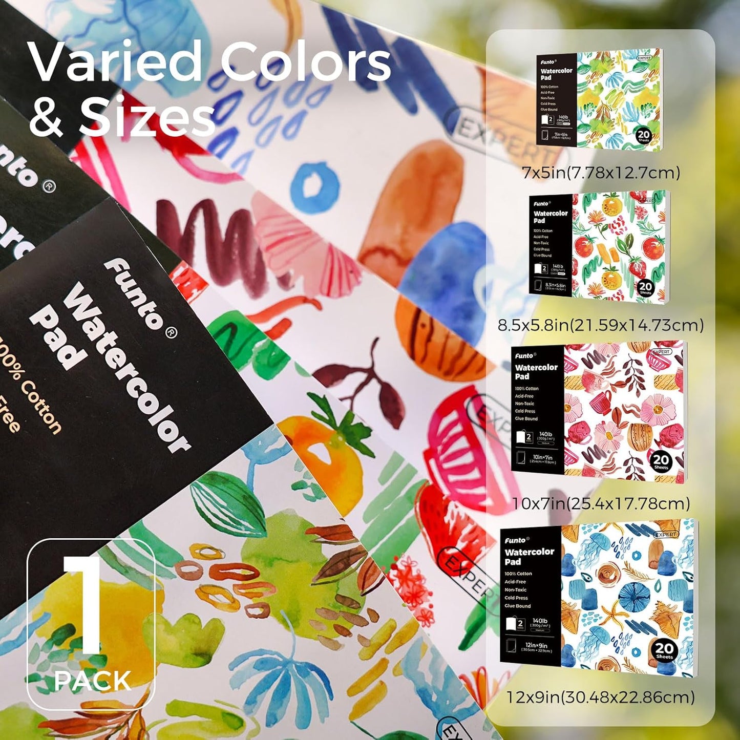 Funto Watercolor Pads, 100% Cotton, 20 Sheets, 8.3X 5.8”, 140lb/300gsm, Glue Bound, Double-Sided, Easy Tear Heavyweight Art Paper for Painting