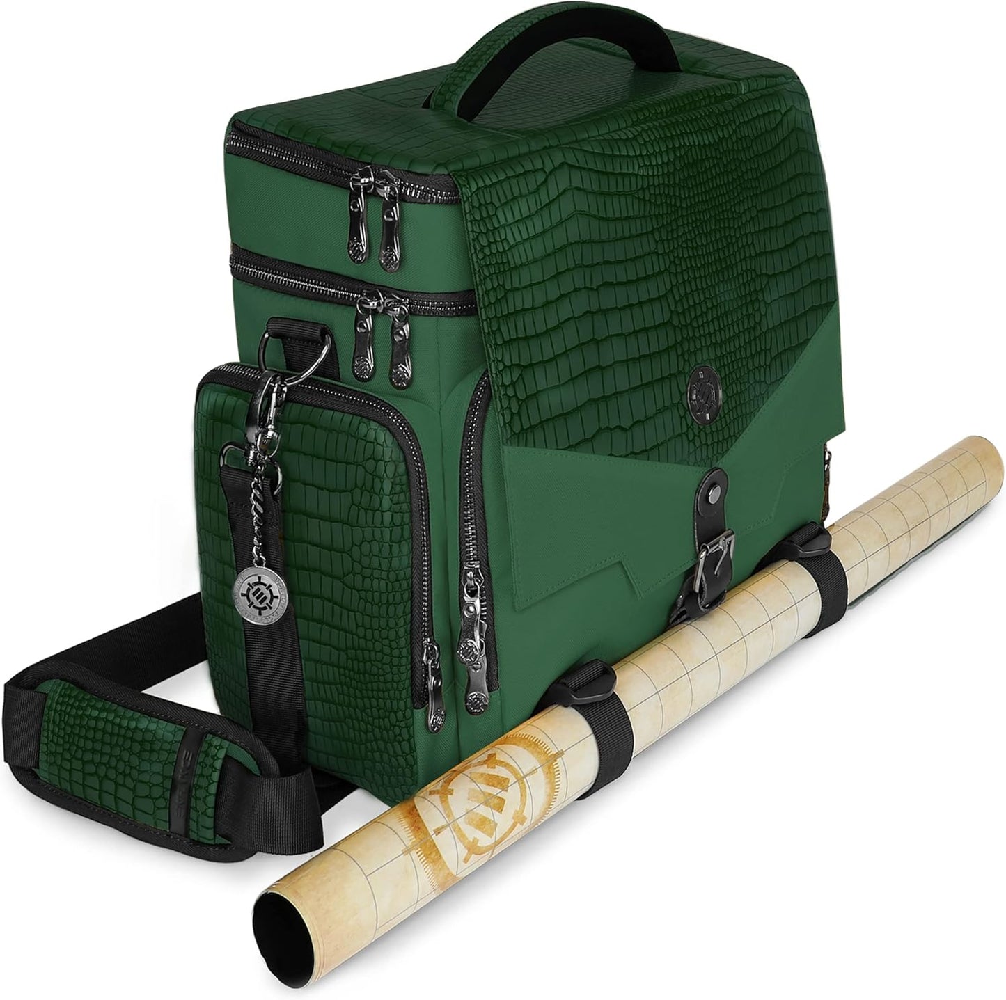 ENHANCE Collector's Edition RPG Adventurer's DnD Bag - Dragon Hide Exterior Travel RPG Bag with Tabletop Miniatures Storage Vault, Mat Holder, DnD Dice & Token Pockets, Fits 4-8 Books (Dragon Green)