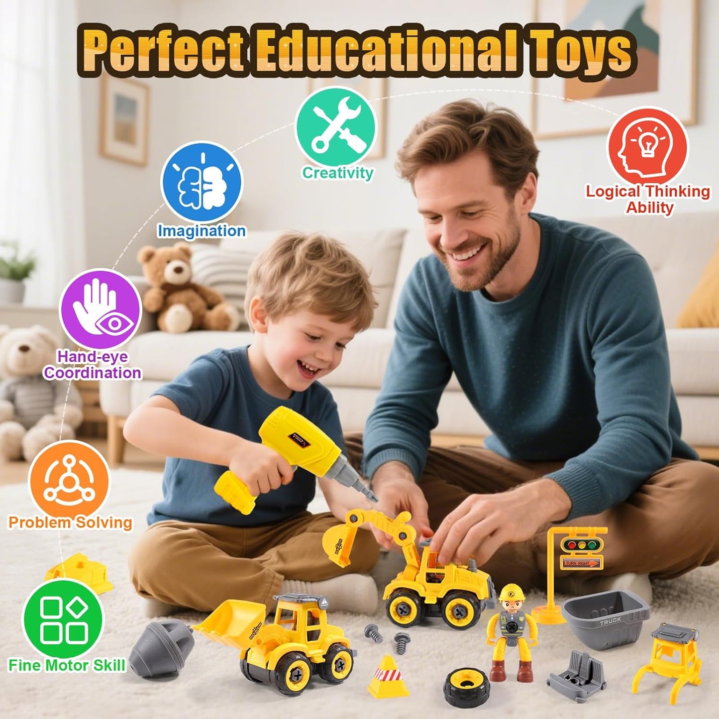 LUDILO Toddler Kids Toys Boys 3-5: Mini DIY Assembly Stem Learning Educational Building Toy Cars with Electric Drill Sandbox Beach Construction Toy Trucks, 2 3 4 5 Year Old Boy Toys Birthday Gift Xmas
