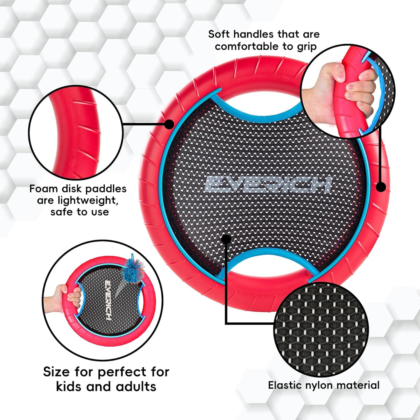 EVERICH TOY Trampoline Paddle Ball Set with 2 Bouncy Paddles & 4 Balls - Soft Foam Design for Kids Play Indoor Outdoor Beach Backyard Lawn - Great Gift Idea for Boys & Girls (Blue & Red)
