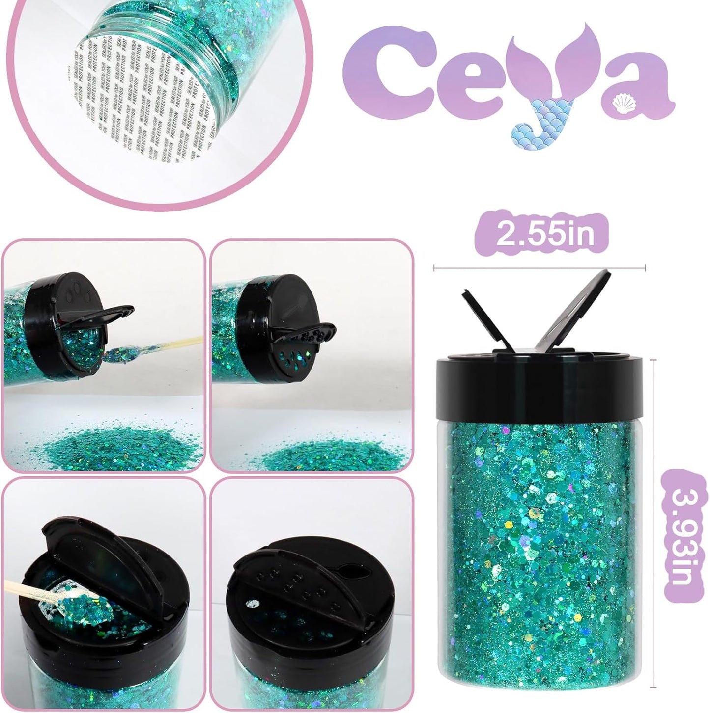 Ceya Holographic Chunky Glitter, 4.9oz/ 140g Cyan Craft Glitter Powder Mixed Fine Flakes Iridescent Nail Sequins for Nail Art, Hair, Epoxy Resin, Tumblers, Slime, Painting, Festival Decor
