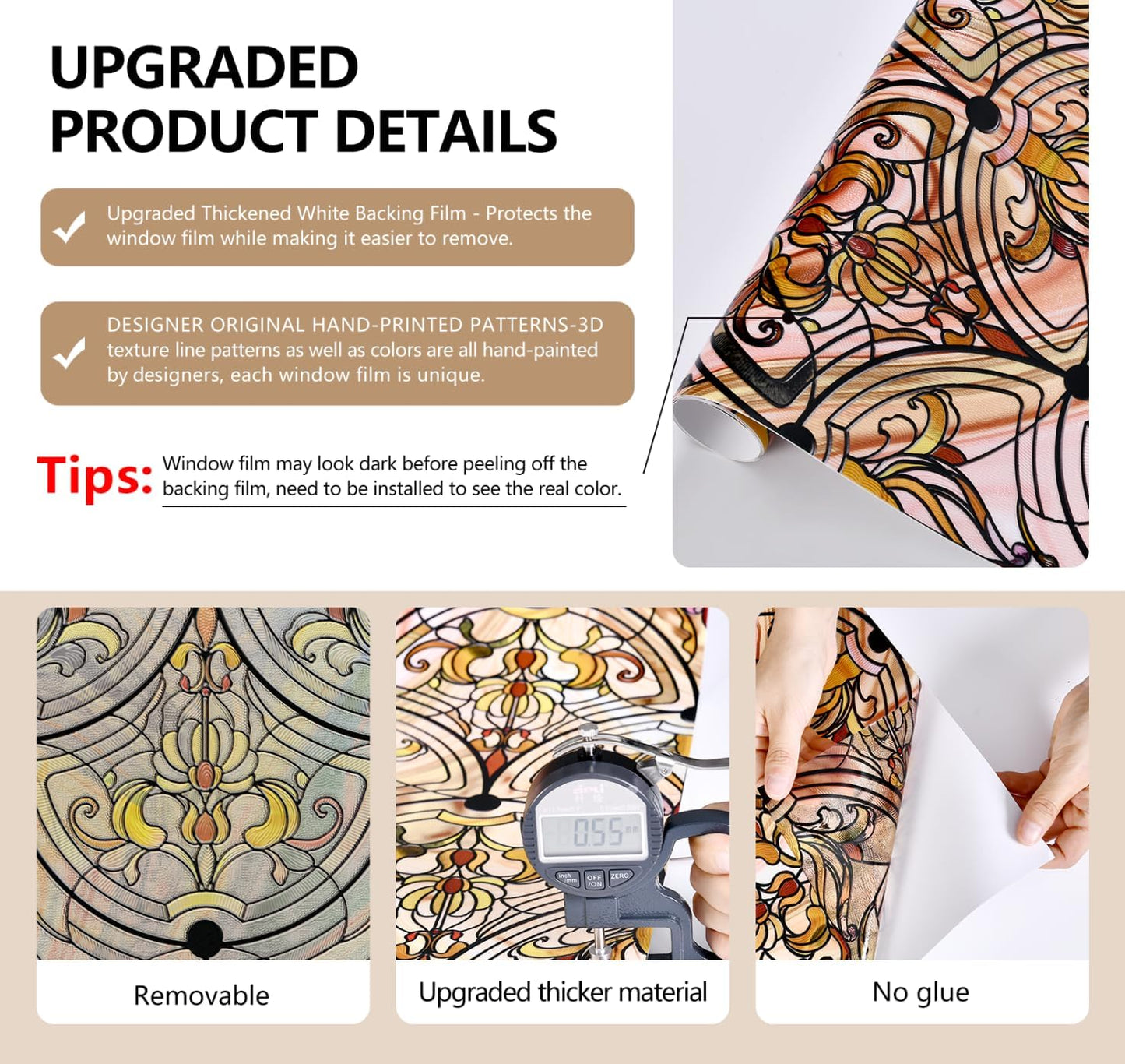 3D Stained Glass Window Film, Decorative Window Privacy Film for Bathroom,Front Door,Home, Sun Blocking Heat Control,Static Cling, Removable Non-Adhesive Golden Ironwork 23.6inch x 35.4inch
