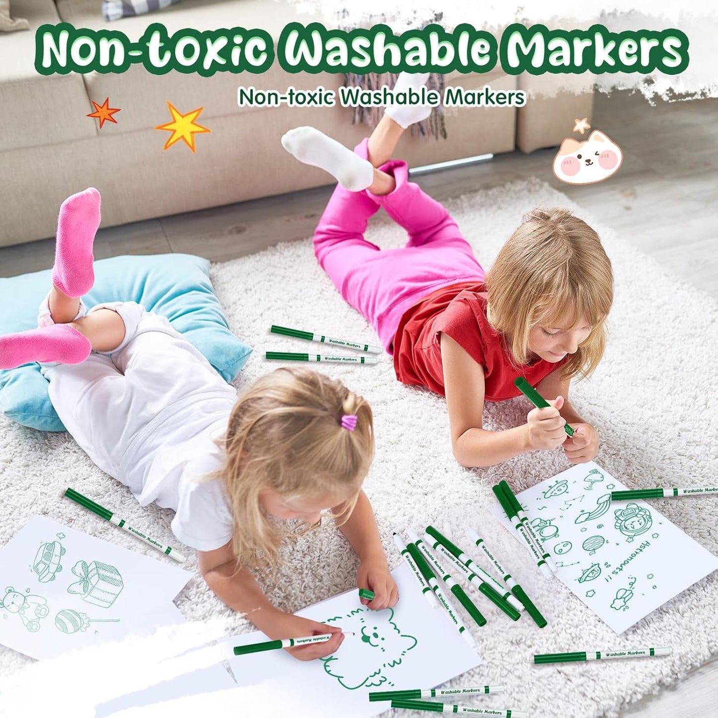 18 Pcs Line Washable Markers Bulk Green Fine Tip Markers Set Coloring Thin Tip Drawing Washable Pen for Kids Art School Classroom Back to School Gender Reveal Party Supplies, Ages 6+