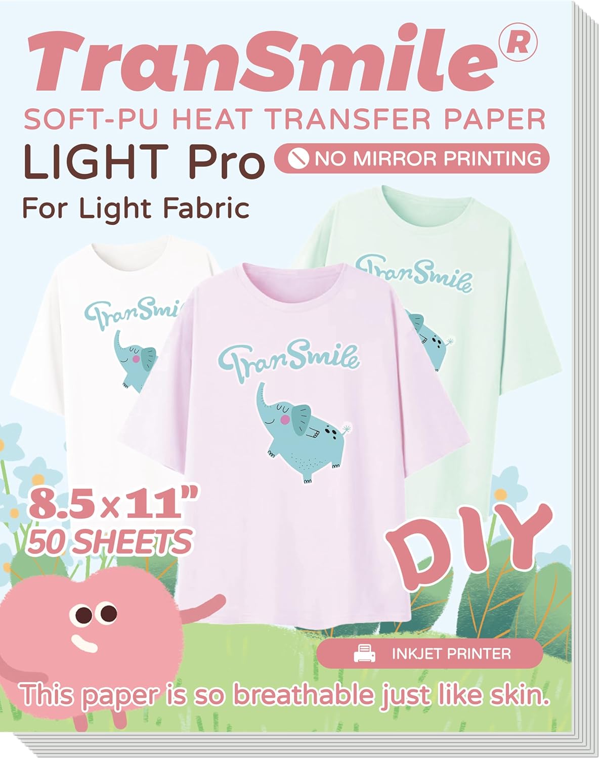 TranSmile PU-Heat Transfer Paper for T Shirts (50 Sheets, 8.5x11'', Light), Iron on Transfers for Light Fabric, Printable Heat Transfer Vinyl for Inkjet Printer