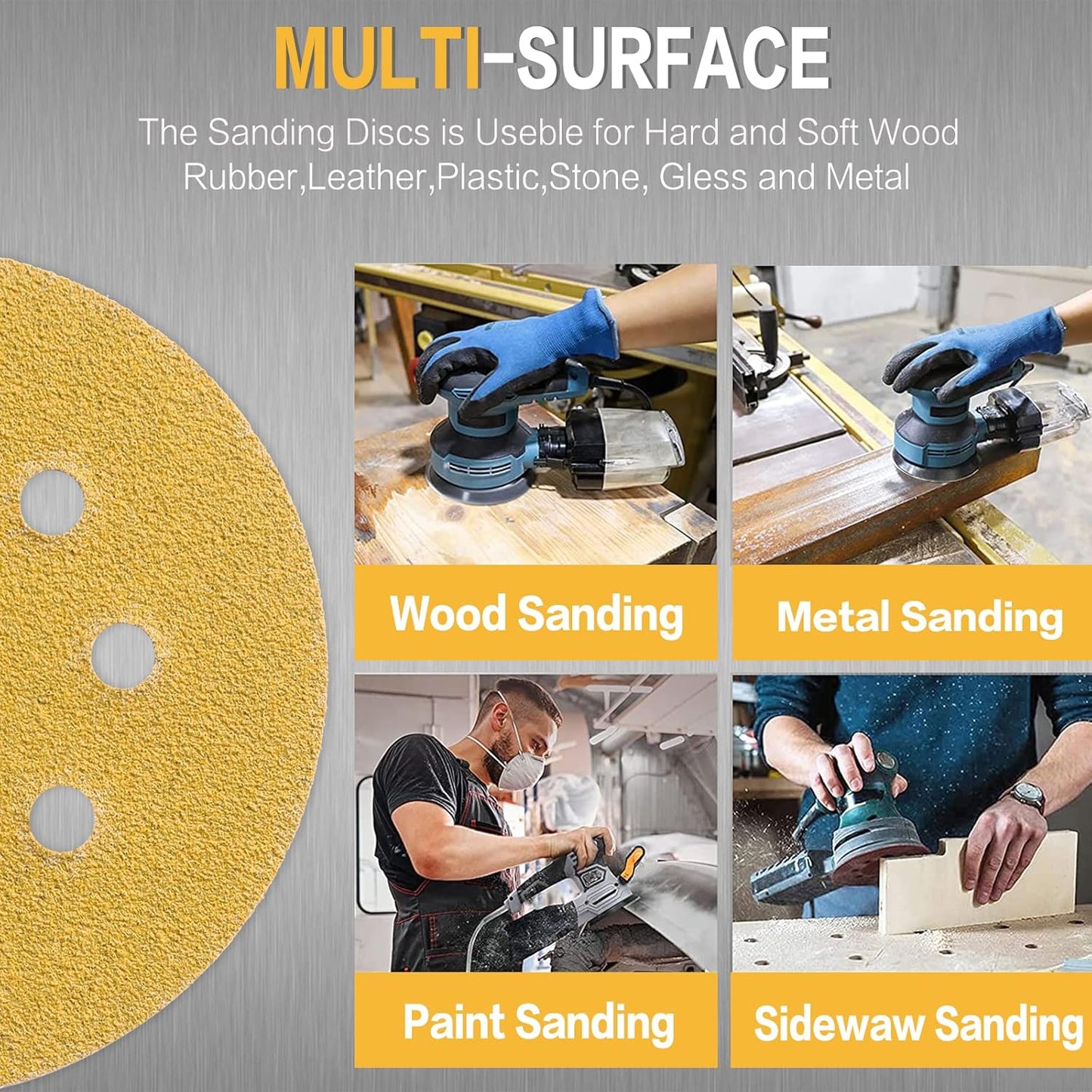 100PCS 5 Inch 8 Hole Sanding Discs 60 Grit,Gold Round Hook and Loop Sandpaper for Random Orbital Sander