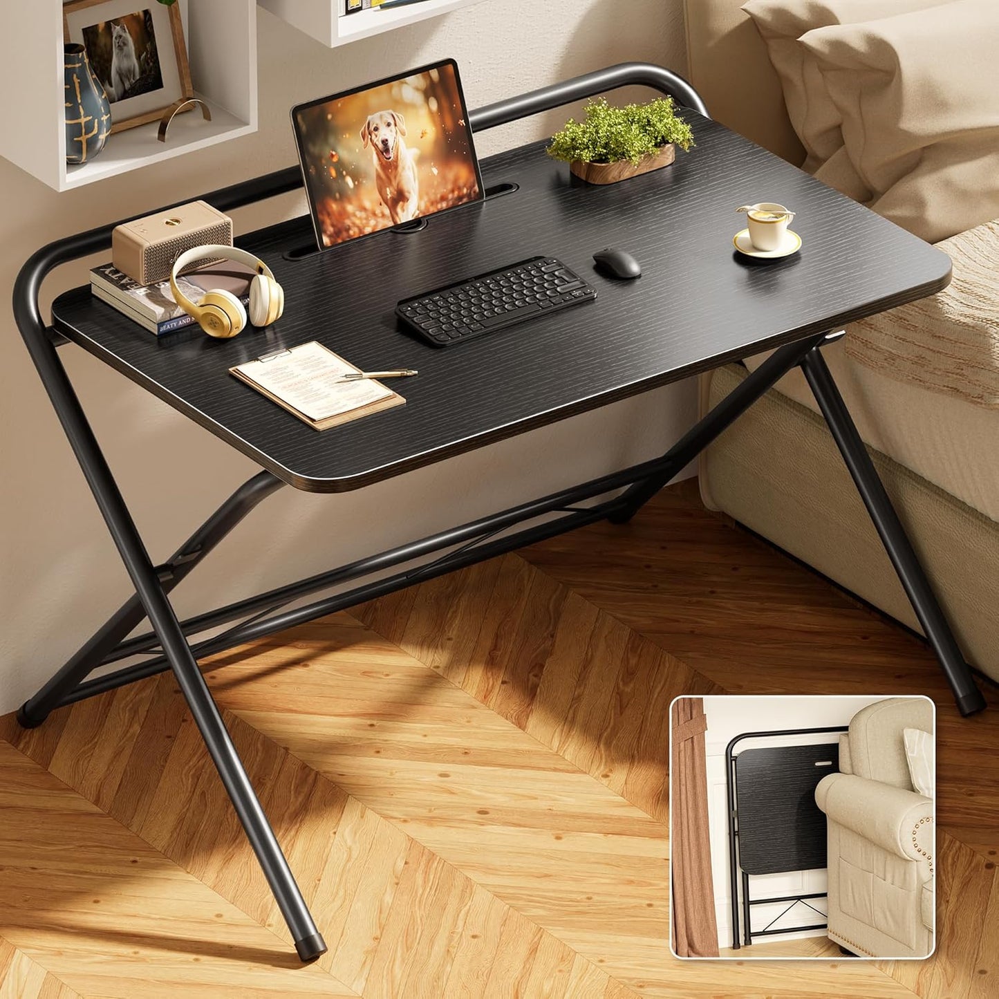 Huuger Folding Desk with 3-Level Adjustable Height and Tablet Slot, 32 Inch Foldable Computer Desk for Small Spaces, Space Saving, Writing Work Table for Home Office, Bedroom, Study, Black