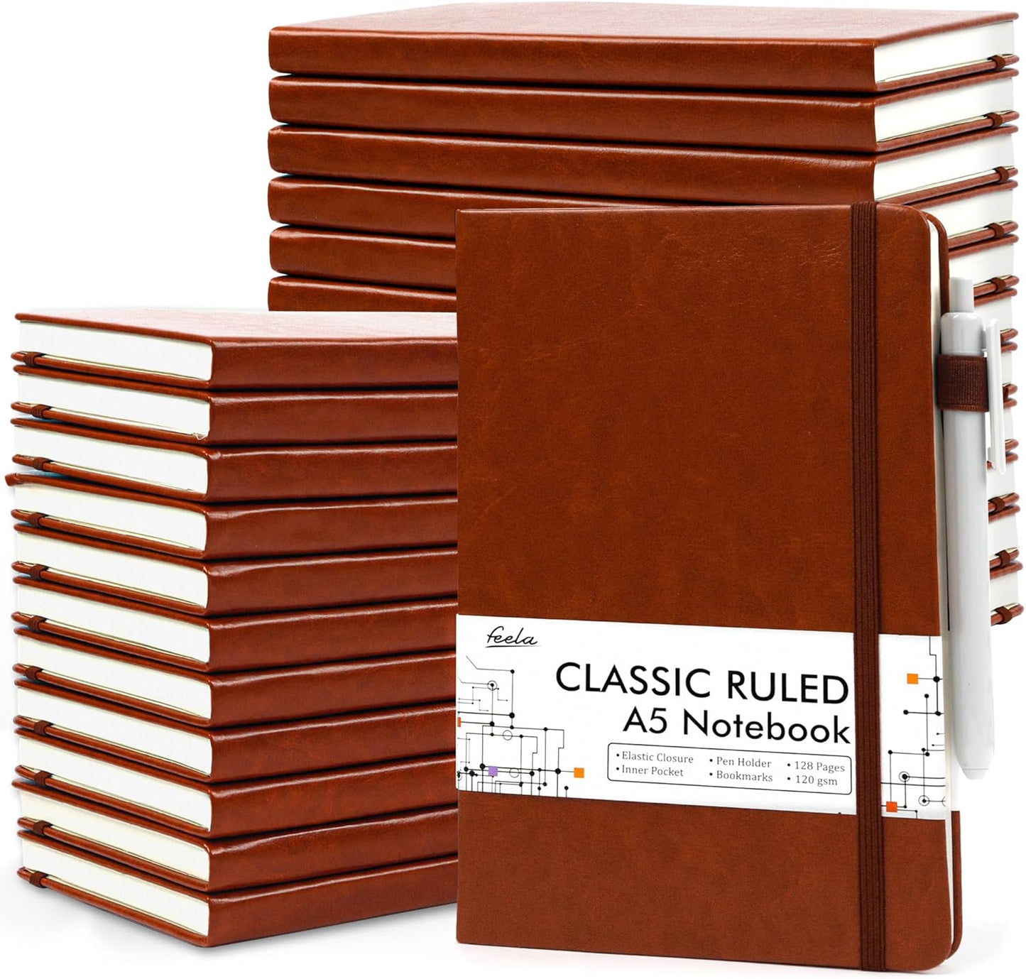 feela 24 Pack Journal Notebook for Work, Business Notebook Bulk Hardcover Lined Writing Journal with Pen Holder for Men Women Note Taking, with 24 Black Pens, 120 GSM, 5.1”x8.3”, A5, Brown
