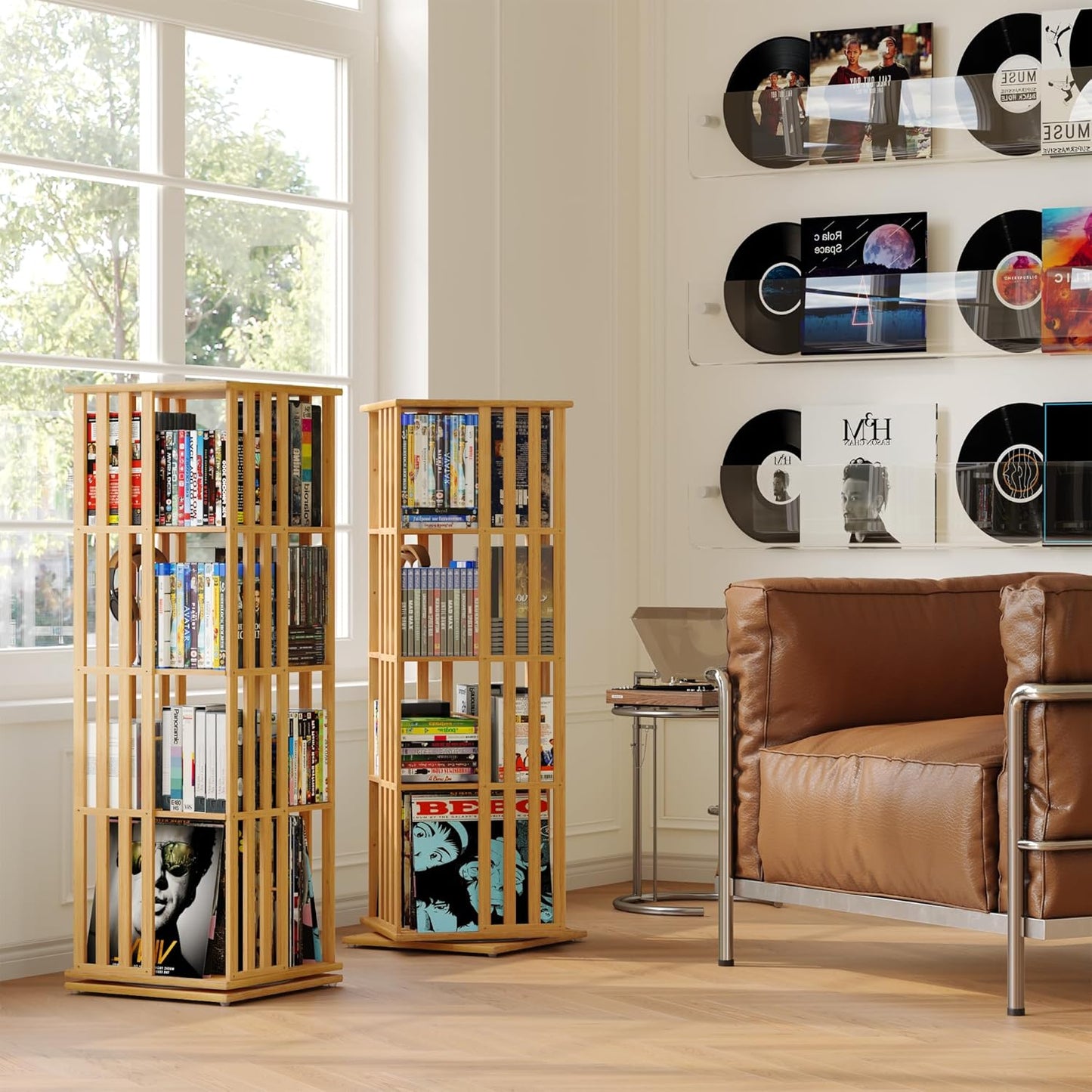 XIMN 360° Rotating Bamboo CD/DVD Shelf - 6-Tier Space-Saving Media Storage Cabinet for Movies, Organizer with Super Compact Design (Nature, 4 Tier)