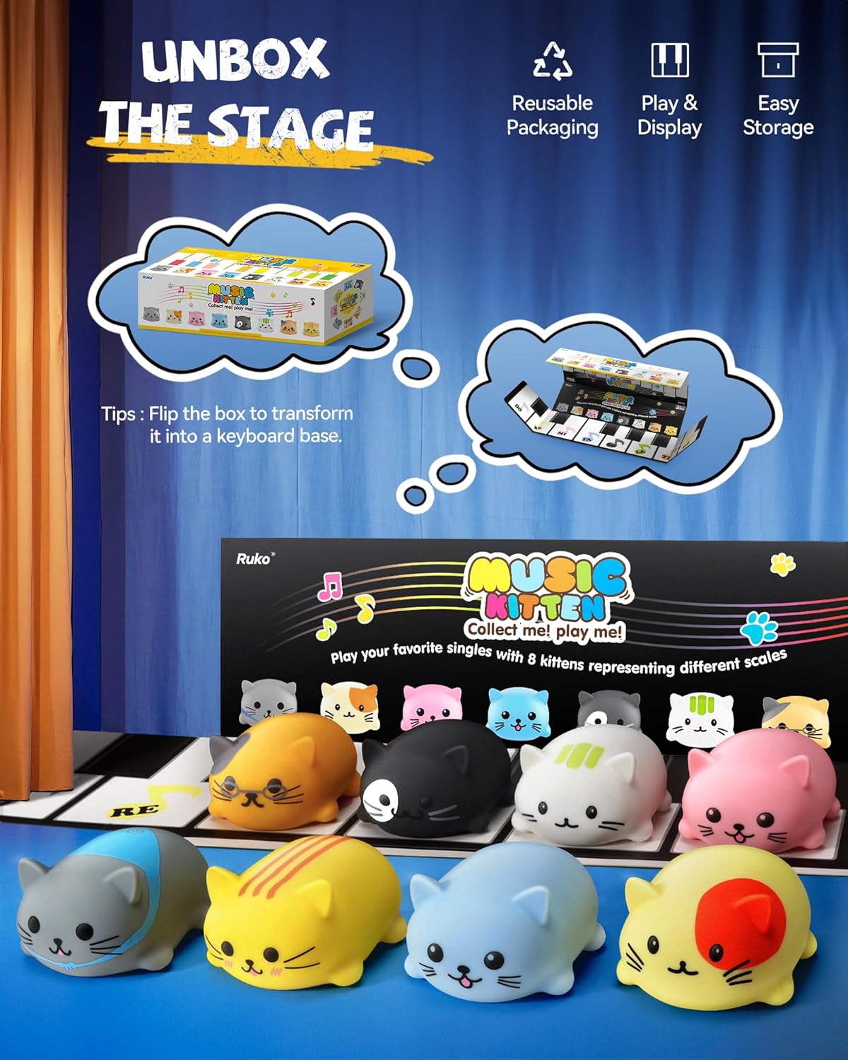 Ruko 1701 Musical Cats Piano Keyboards with Cute Meow Tone, Press Play Music Scale, Fun Music Toys for Kids, for Boys & Girls Age 3 4 5 6 7 8 9, Educational Instrument (8Pcs)