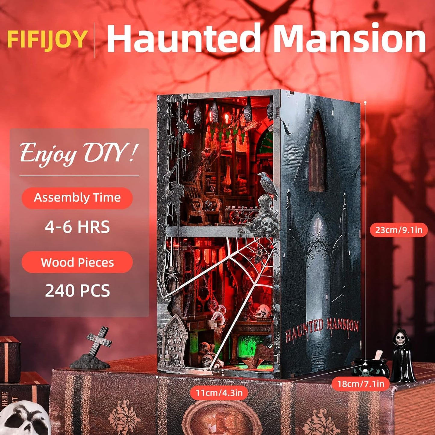 Haunted House Halloween Book Nook Kit, Spooky Shelf Insert Bookshelf Diorama Horror Art Miniature Decor, Creepy Scary Wooden Puzzle Booknook (Haunted Mansion)