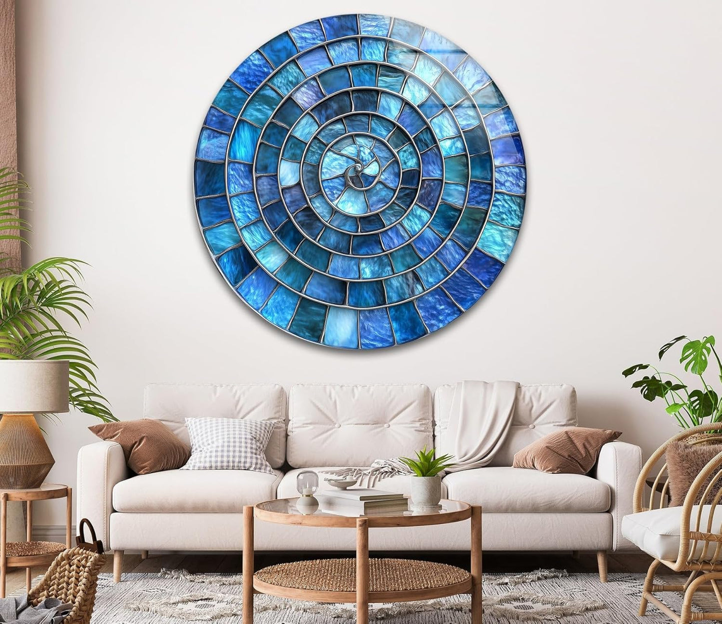 My Photostation.com 15.8''(40cm) Diameter Blue Aqua Spiral Harmony Round Glass Wall Art Tempered Glass Printing Wall Decor Large Wall Art Wall Hangings