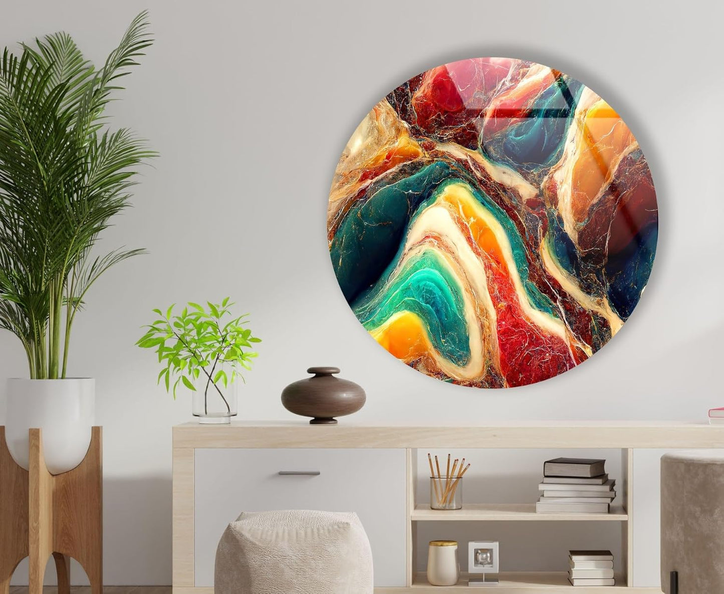 My Photostation.com 31.5''(80cm) Diameter Colorful Marble Swirl Round Wall Art Abstract Glass Decor with Earthy Tones & Gemstone Texture