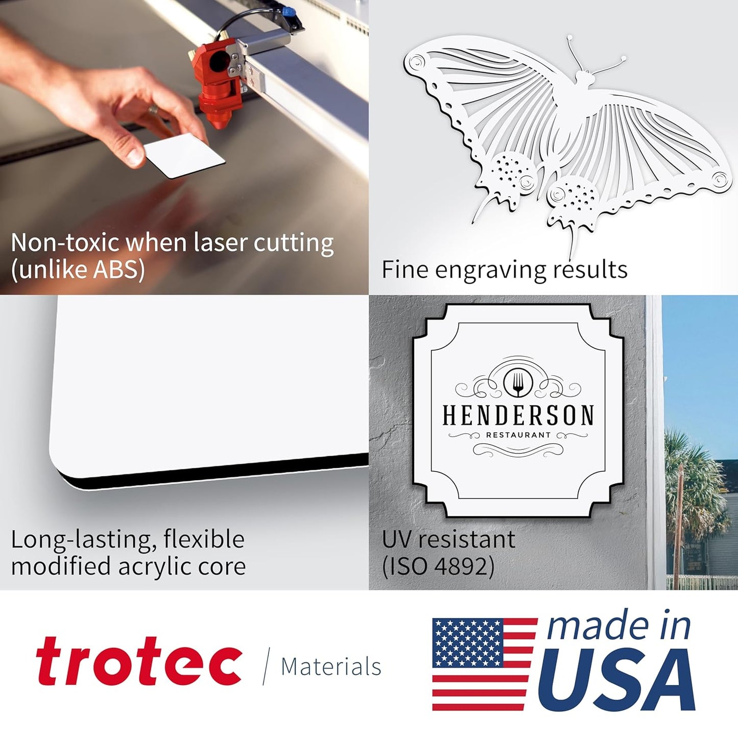 Trotec TroLase | 12"x20"x1/16", 4 Pcs | White/Black/White | 3 Ply | Modified Acrylic | Laser Engraving Double Color Plastic Sheet | Engraving Blanks for Laser, Saw, Guillotine | Made in USA