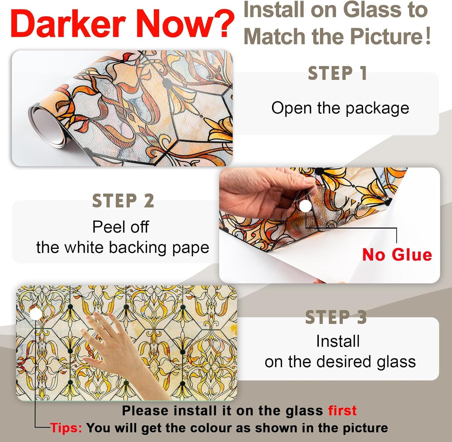 3D Stained Glass Window Privacy Film, Heat Control UV Blocking Static Cling Decorative Window Film for Bathroom,Front Door,Home Non Adhesive 16.9 x 78.7 inches Golden Filigree