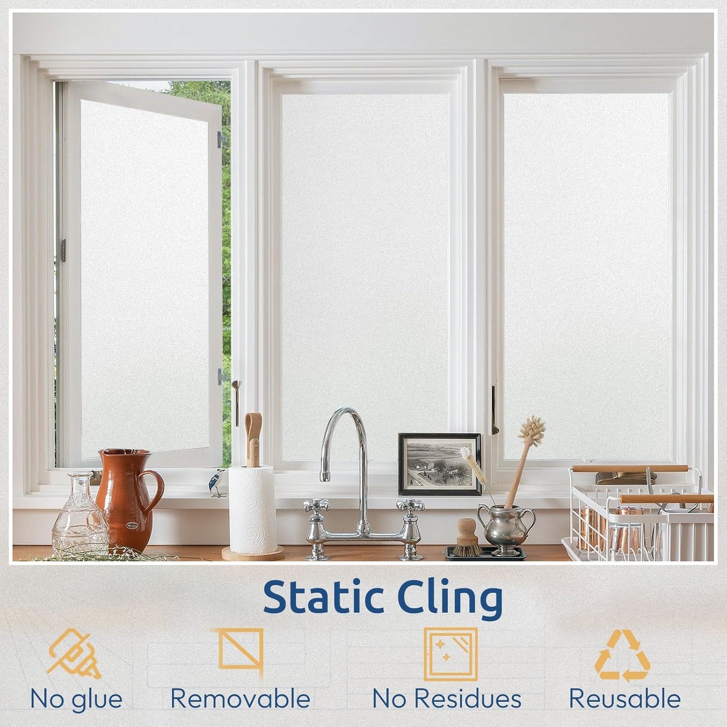 rabbitgoo Window Privacy Film, Non-Adhesive Frosted Glass Window Film for Bathroom, Static Cling Heat Blocking Stickers for Home Indoor Opaque Frosting Coverings House Tint, Matte White 35.4" x 157"