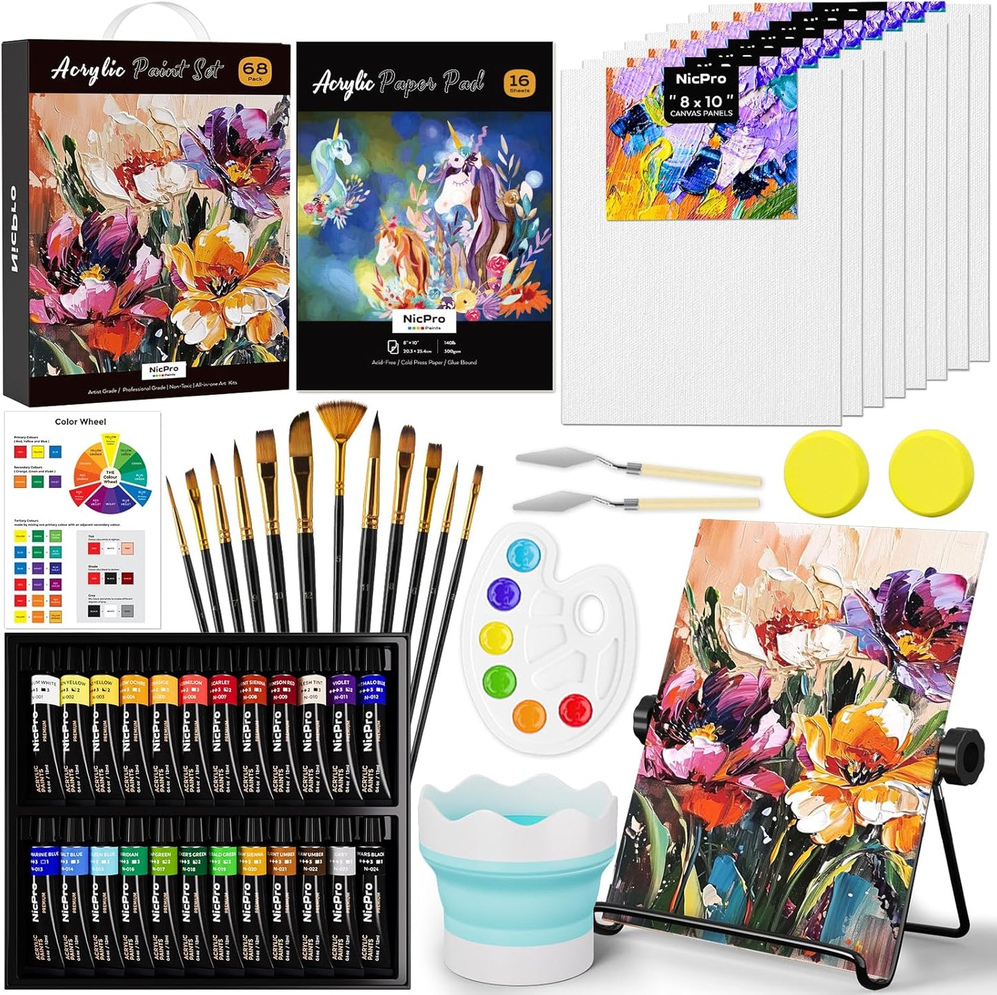Nicpro 68PCS Acrylic Paint Canvas Set for Adults, Art Painting Supplies Kit with 24 Acrylic Paints,Table Easel,8 Canvas Panels,12 Brushes,Paper Pad,Cleaning Cup, Sponge, Palette for Beginner Artist