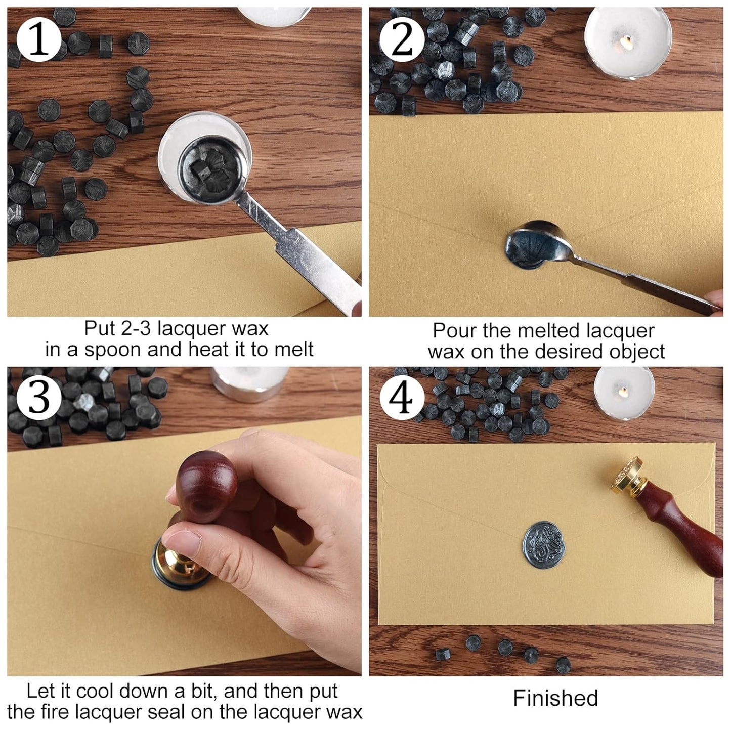 500 Pcs Octagon Sealing Wax Beads Black Wax Seal Beads with 4 Pcs Tea Candles and 1 Pcs Wax Melting Spoon for Crafts Letter Wine Greeting Cards Sealing