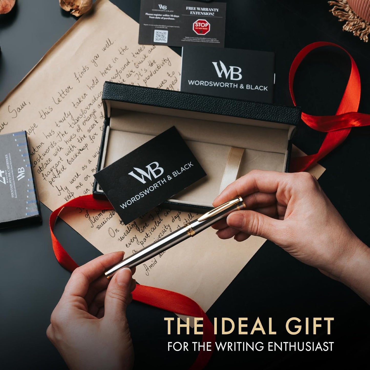 Wordsworth & Black Fountain Pen Set, 18K Gilded Fine Nib, Includes 24 Pack Ink Cartridges, Ink Refill Converter & Gift Box, Gold Finish, Calligraphy, [Silver Gold], Perfect for Men & Women