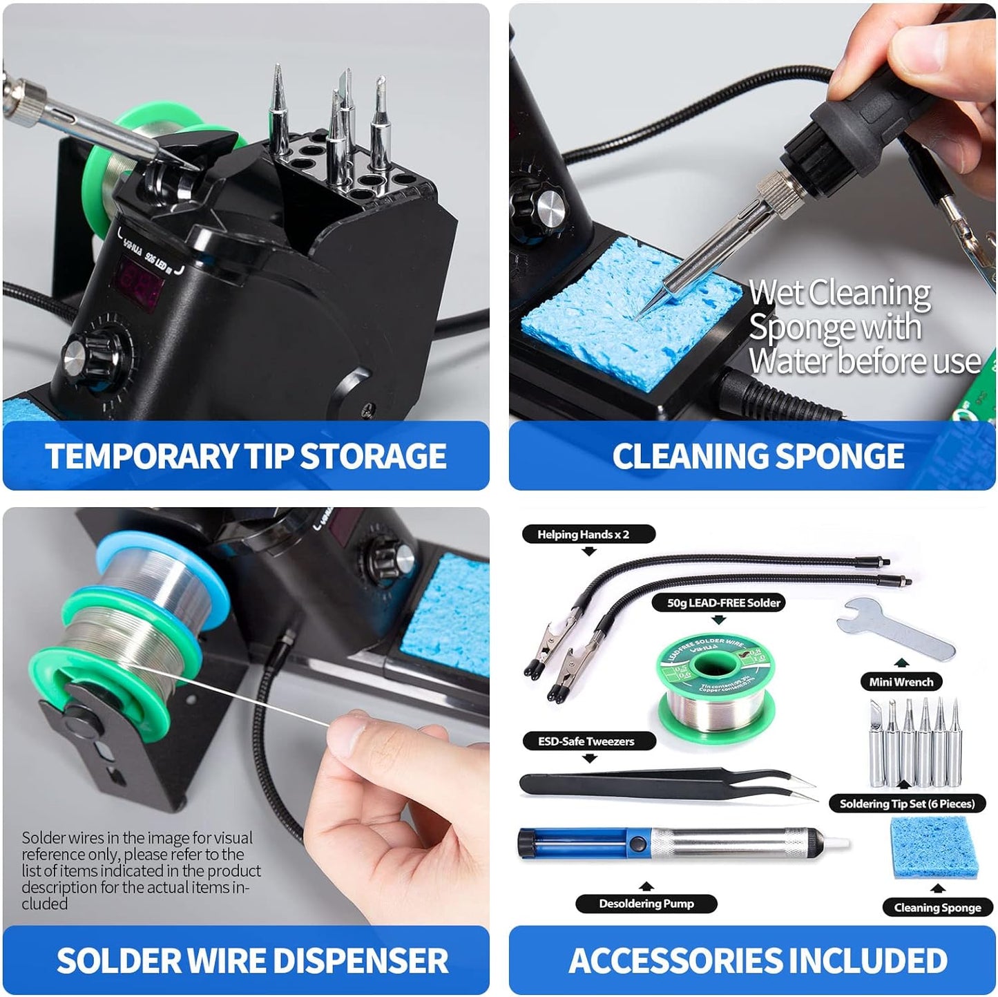 YIHUA 926 III 60W Digital Display Soldering Iron Station Kit w 2 Helping Hands, 6 Extra Iron Tips, Lead-Free Solder, Solder Sucker, S/S Tweezers, °C/ºF Conversion, Auto Sleep & Calibration Support