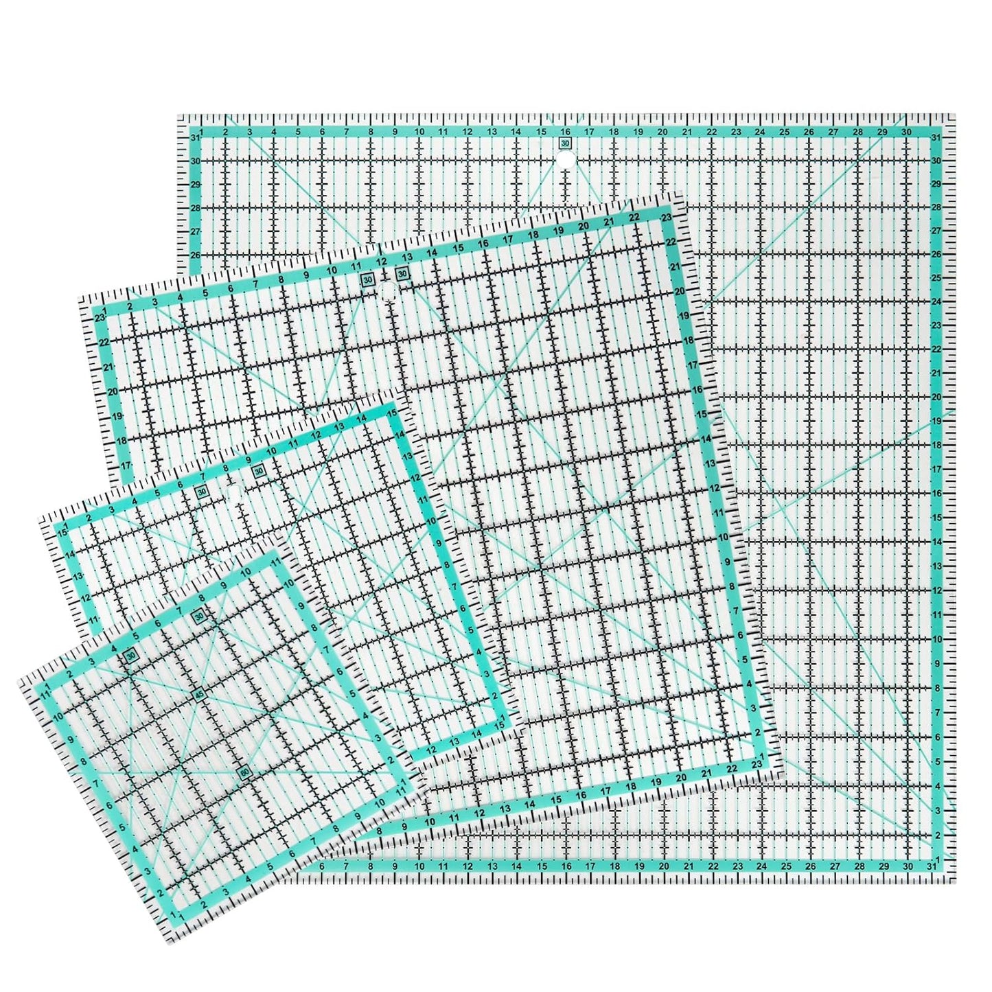 MANUFORE 4pcs Square Quilting Ruler (32cm/24cm/16cm/12cm) Sewing Acrylic Ruler Anti-Slip Metric Ruler DIY Quilting Tools with Clear Printed Lines for Precise Cutting